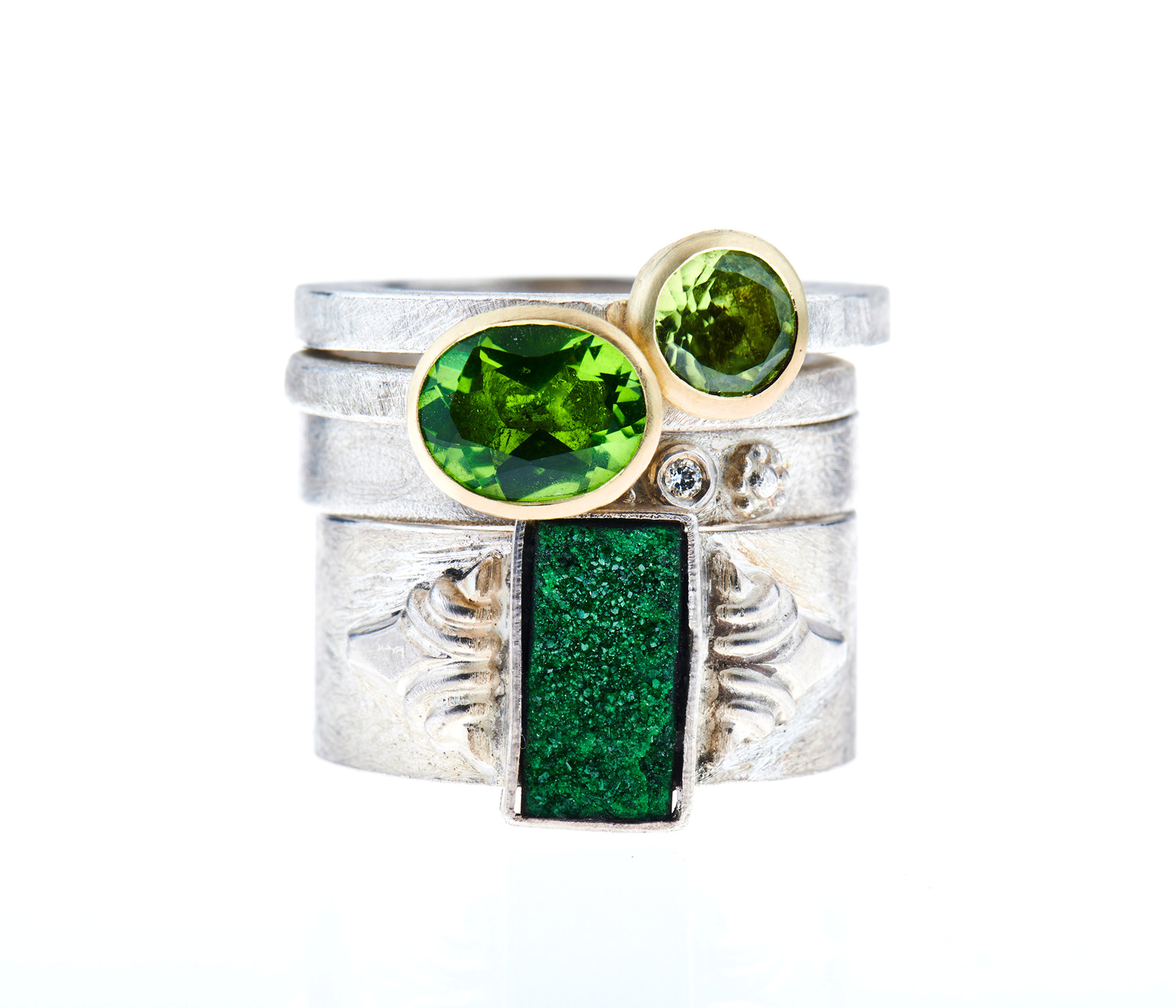 Ring Ensemble mit Uwarowith, Brillant und Peridot in 925 Silber und 585 Gelbgold