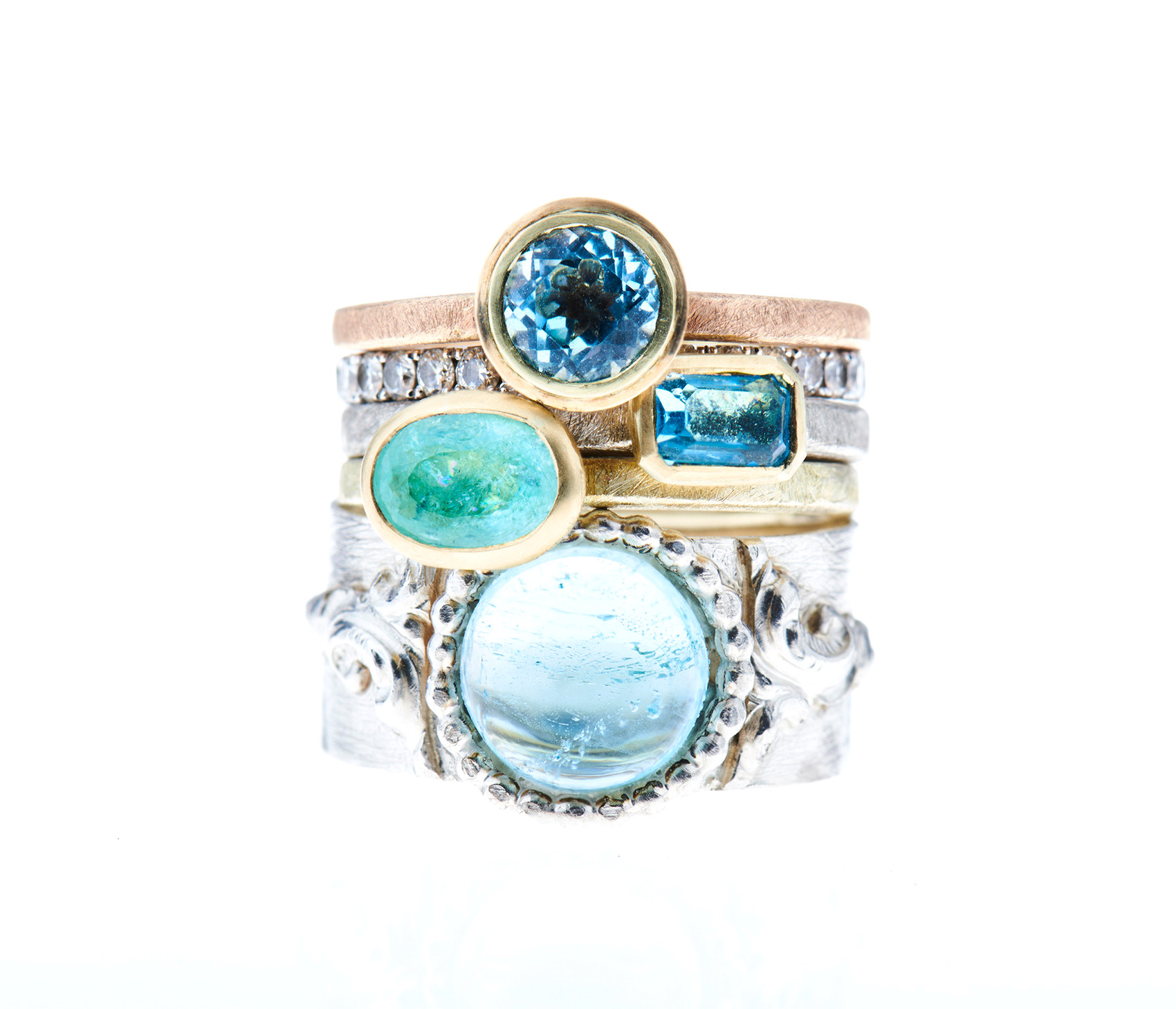 Ring Ensemble mit Aquamarin, Paraiba Turmalin und Blautopas in 925 Silber und 585 Rosé- und Gelbgold